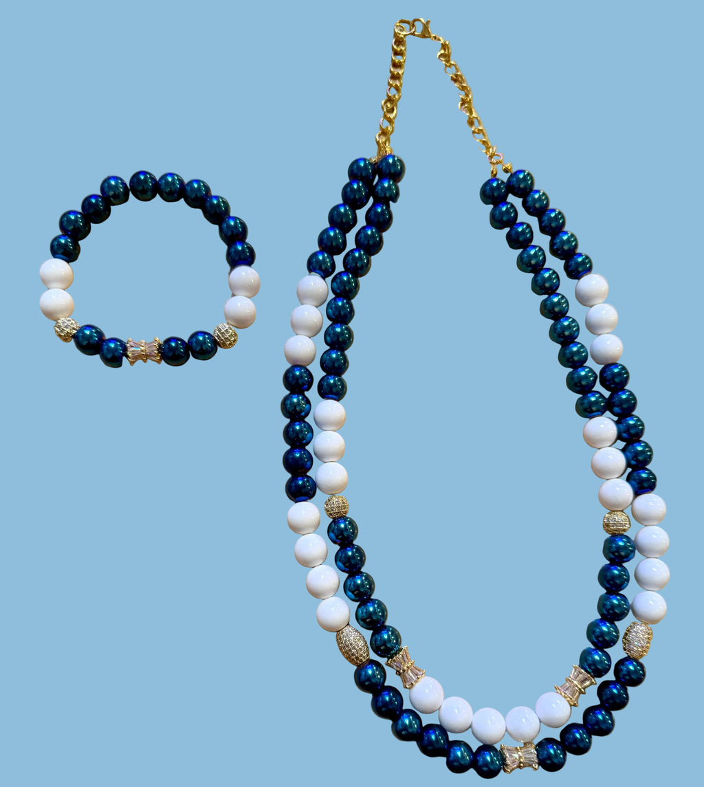 Blue, White, and Silver Double Strand Necklace