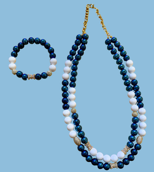 Blue, White, and Silver Double Strand Necklace