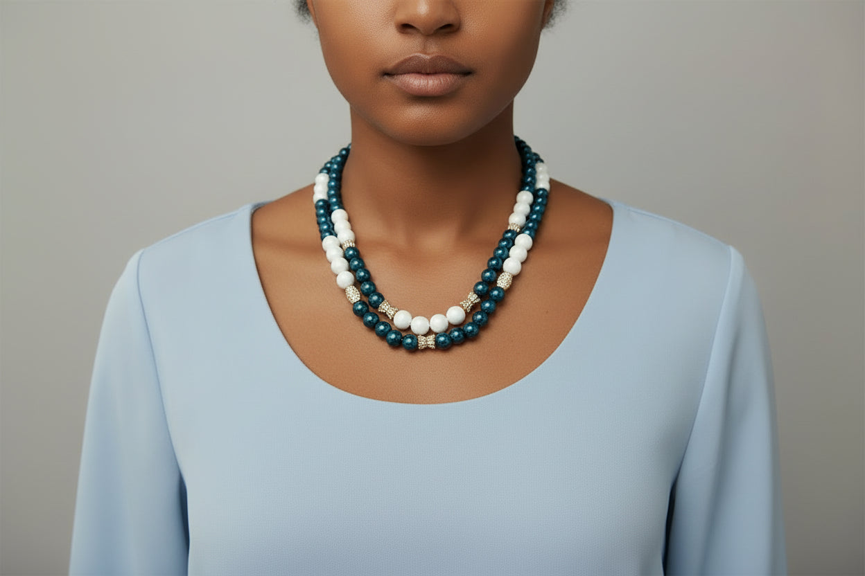 Blue, White, and Silver Double Strand Necklace
