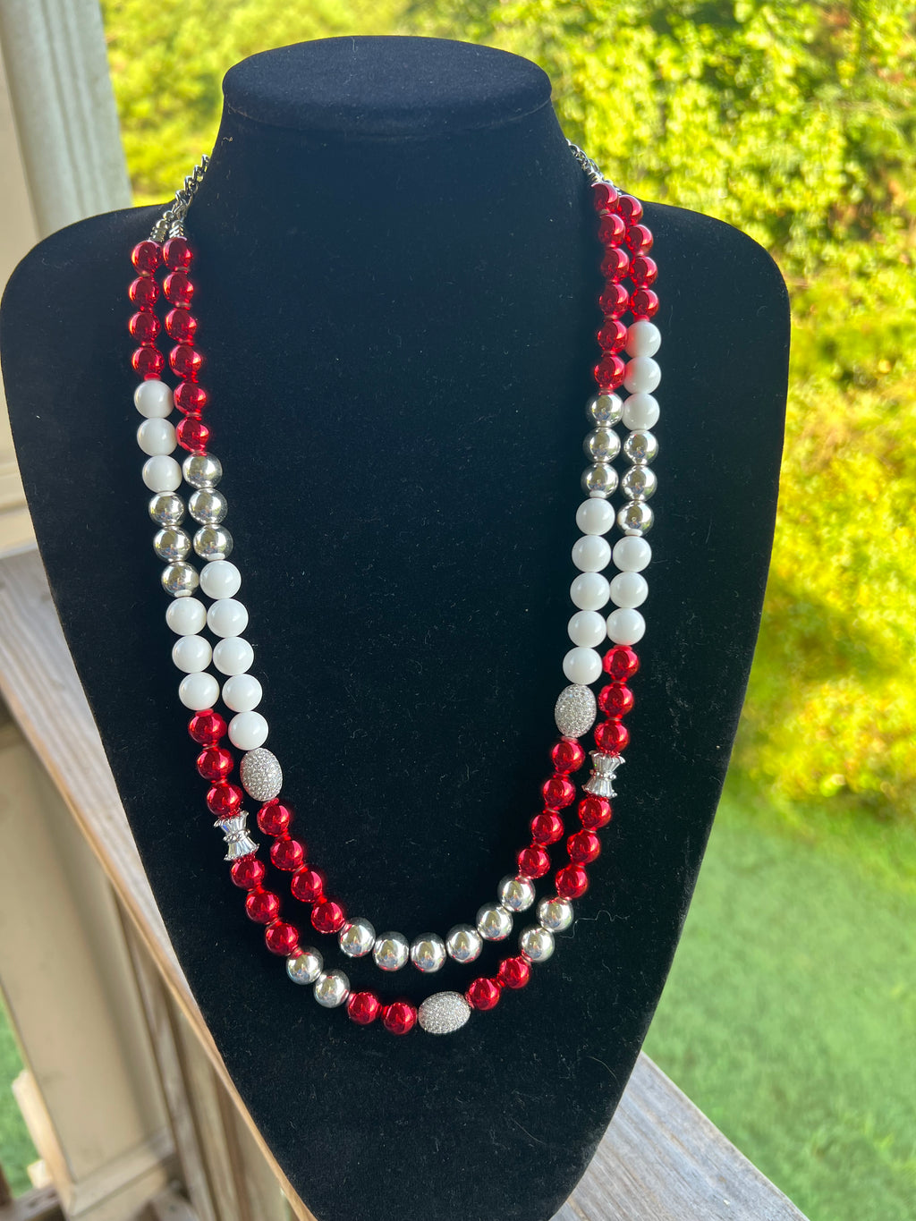 Red, Silver, and White Double Strand Necklace and Bracelet Set