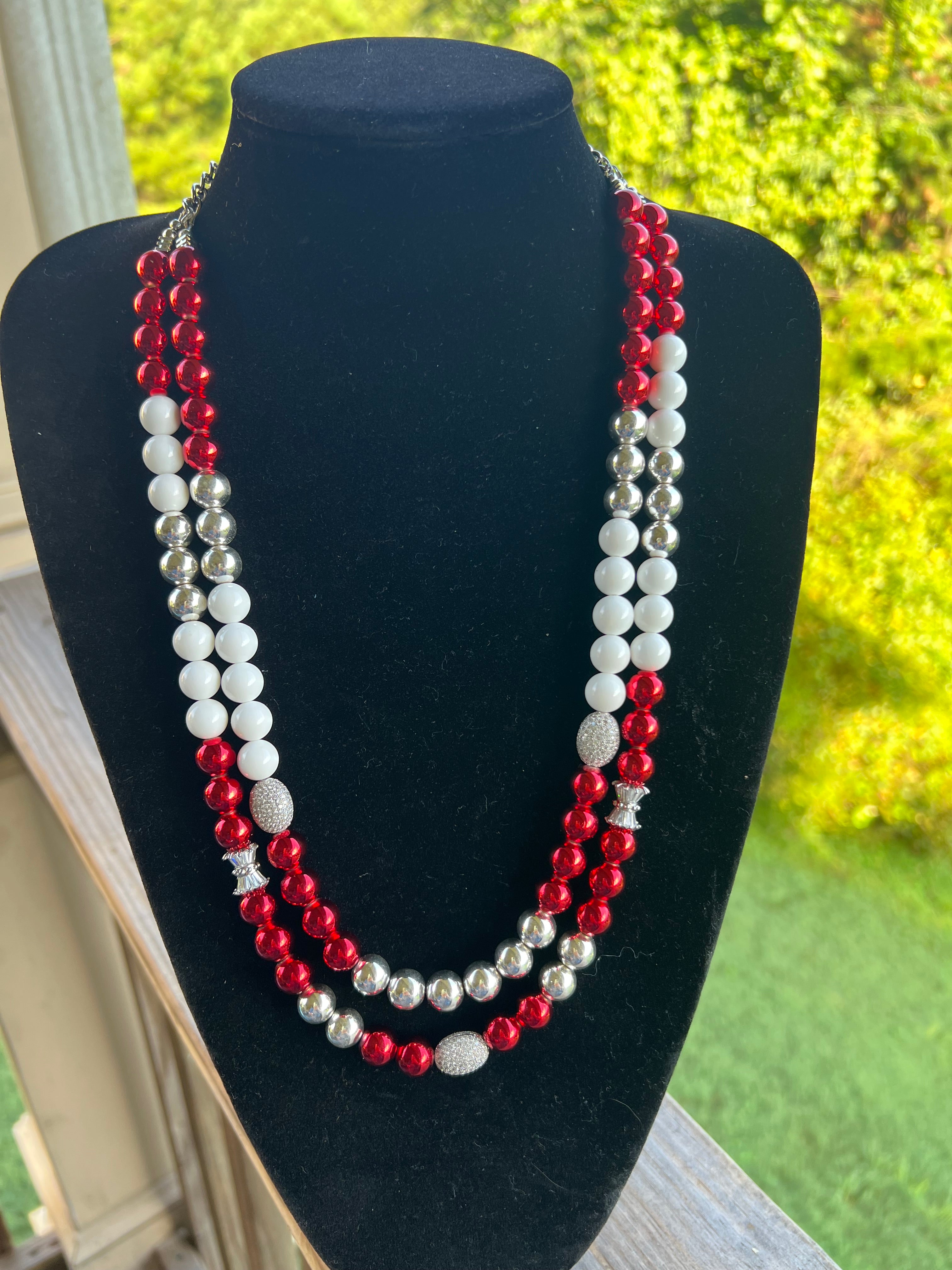 Red, Silver, and White Double Strand Necklace and Bracelet Set