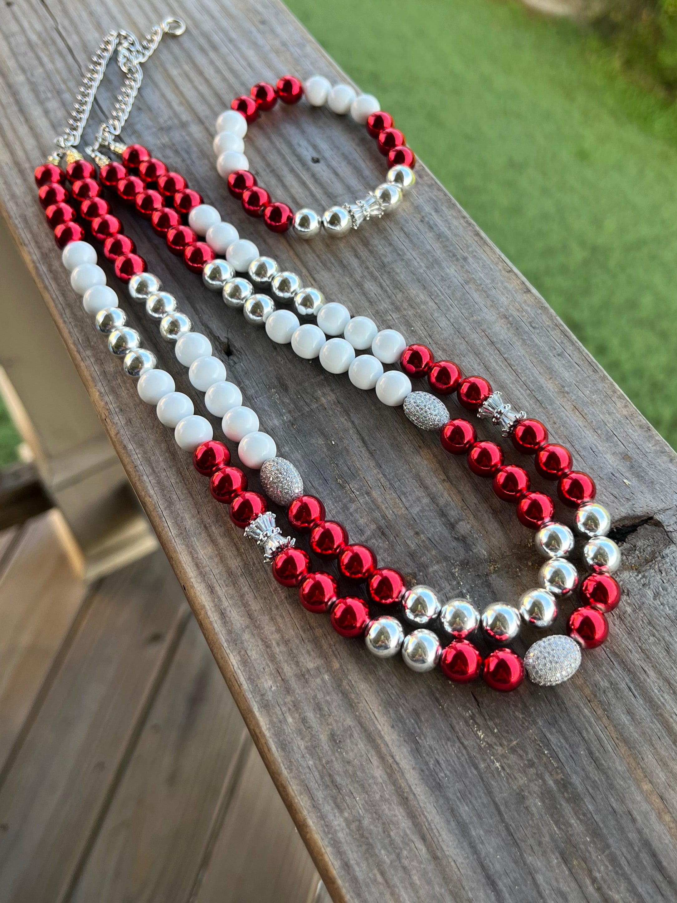 Red, Silver, and White Double Strand Necklace and Bracelet Set