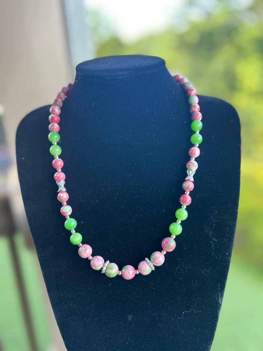 Pink and Green Beaded Necklace