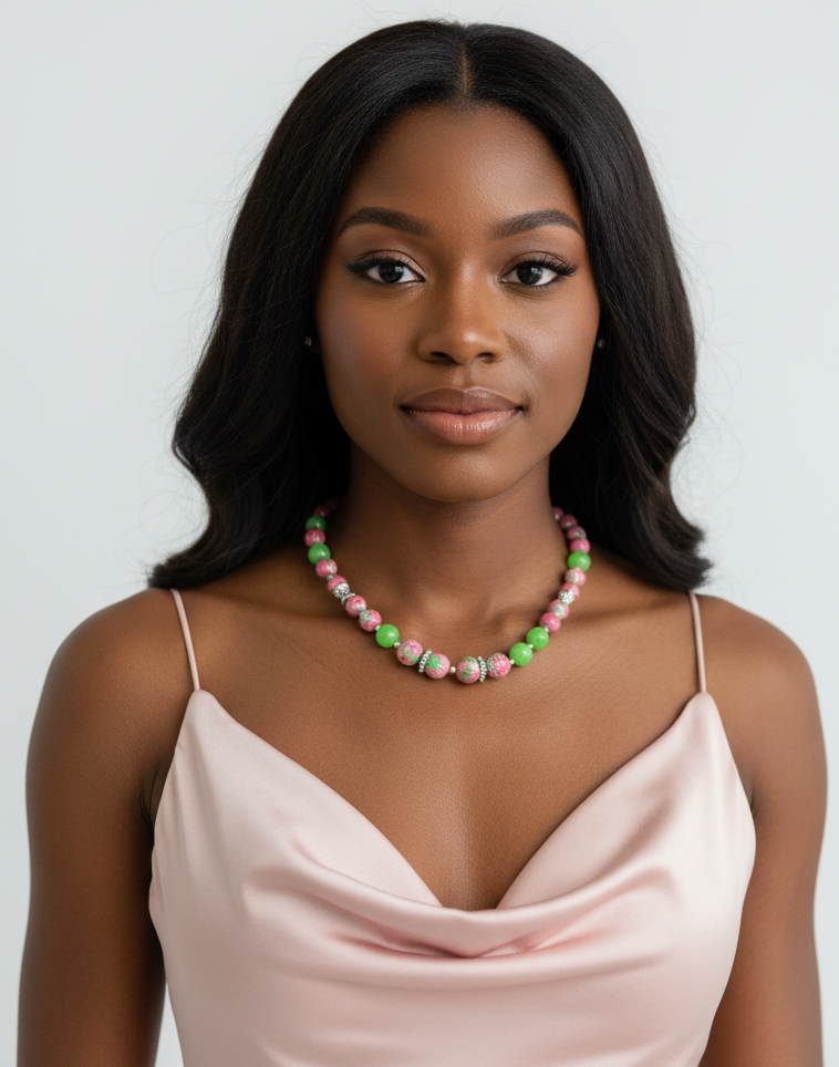 Pink and Green Beaded Necklace
