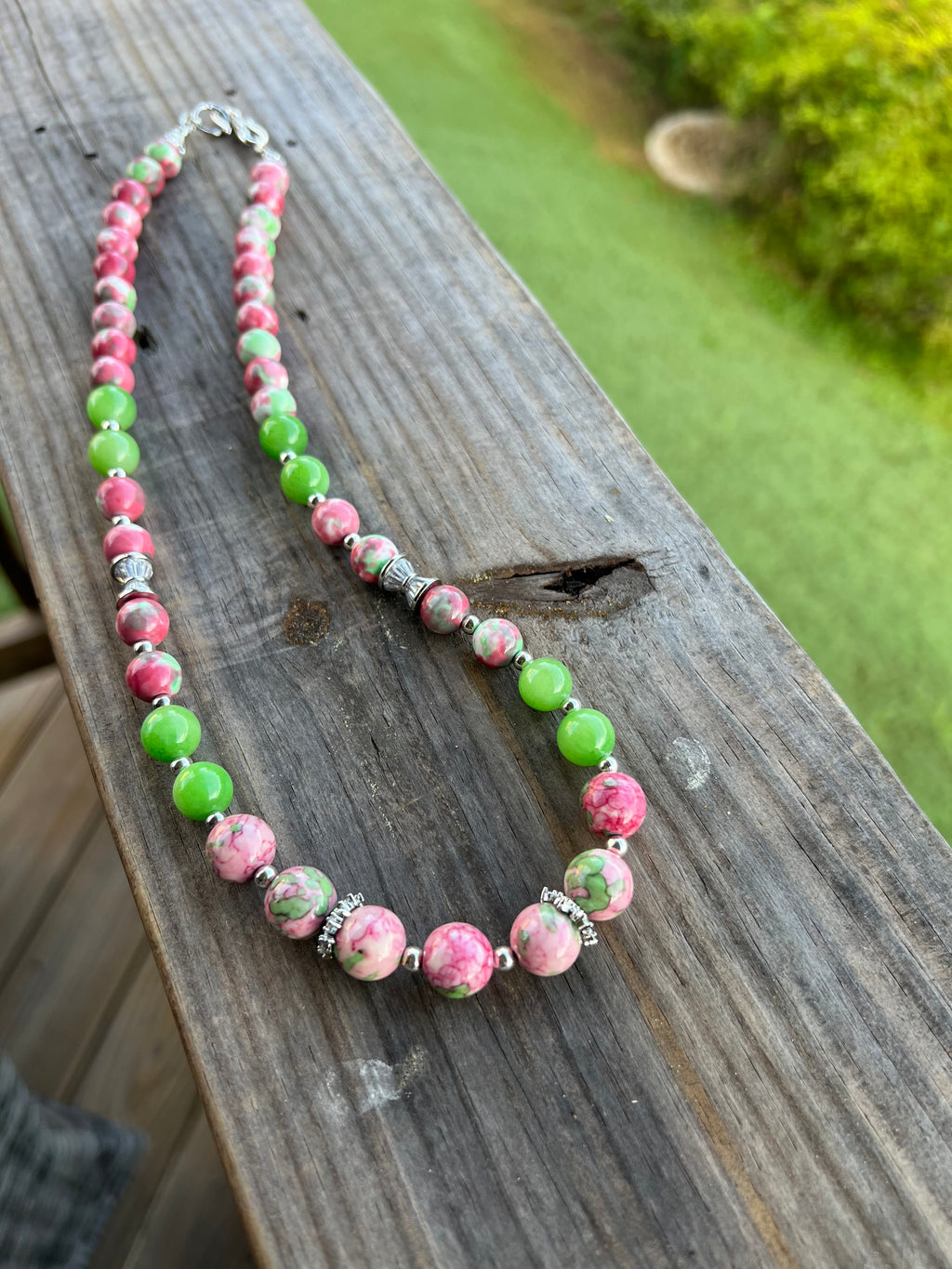 Pink and Green Beaded Necklace