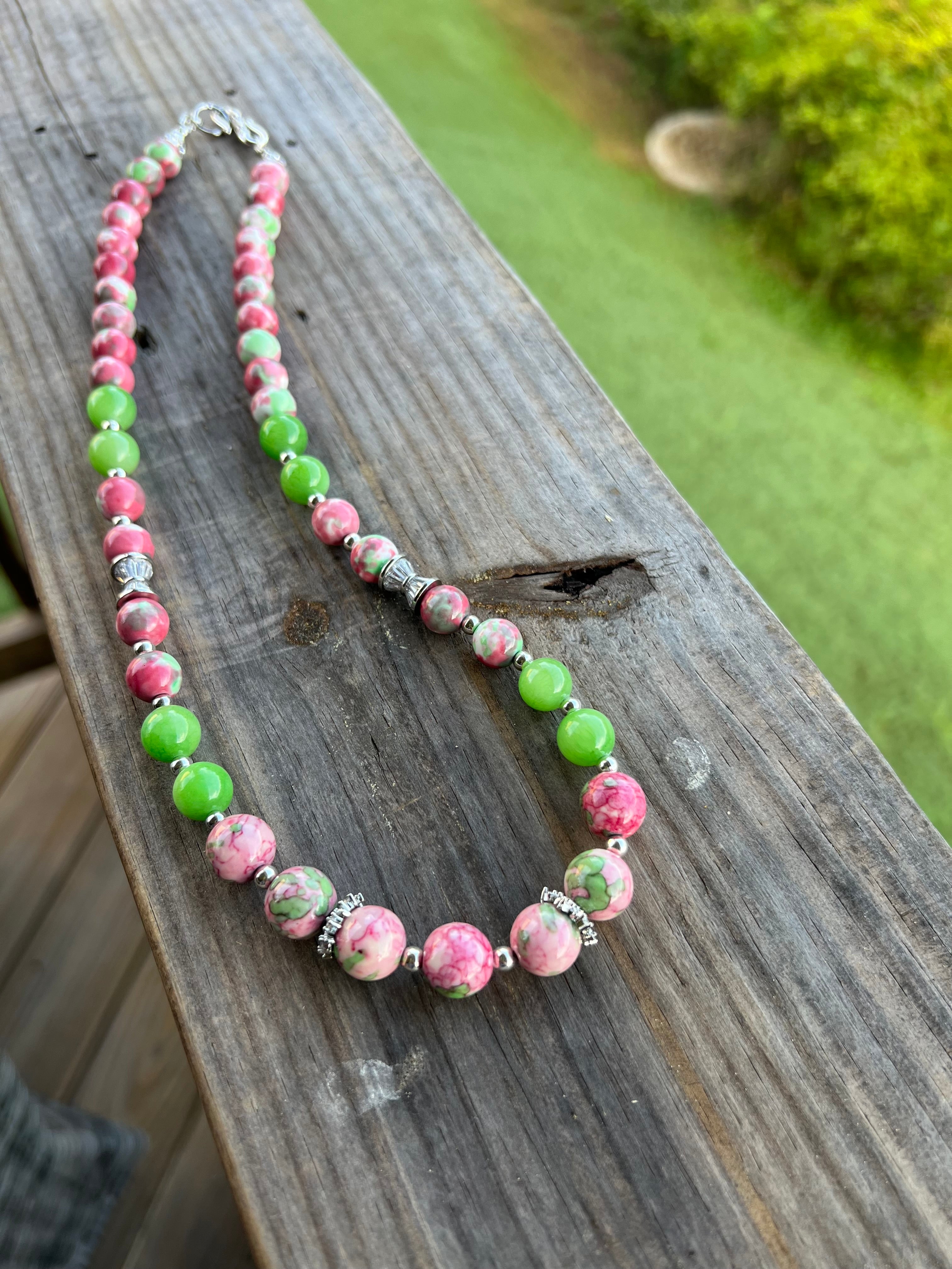 Pink and Green Beaded Necklace