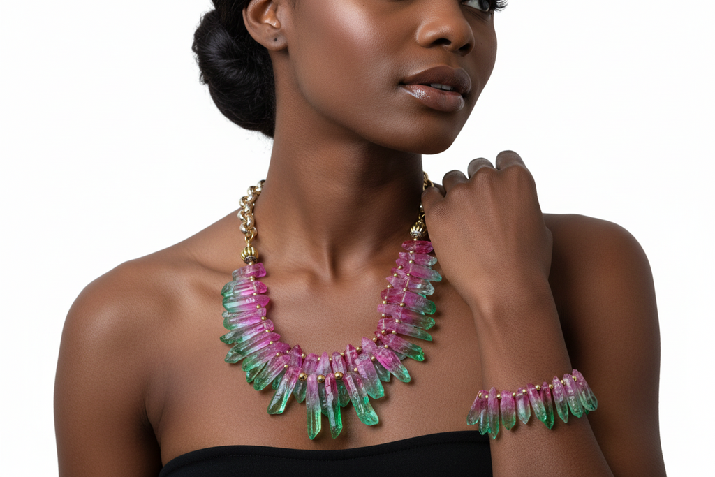 Pink and Green Watermelon Quartz Necklace