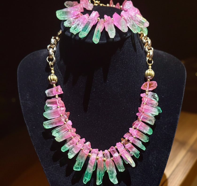 Pink and Green Watermelon Quartz Necklace